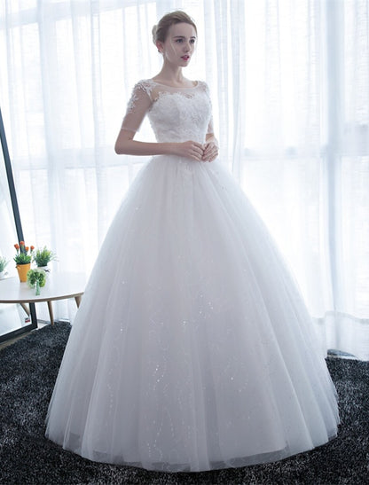 Reception Formal Wedding Dresses Ball Gown Illusion Neck Half Sleeve Floor Length Satin Bridal Gowns With Lace 2023 Summer Wedding Party