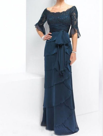 A-Line Mother of the Bride Dress Wedding Guest Elegant & Luxurious Off Shoulder Floor Length Chiffon Lace Half Sleeve with Sash / Ribbon Bow(s) Appliques Fall