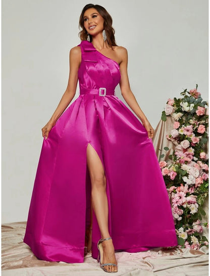 A-Line Evening Gown Party Dress Formal Fall Floor Length Sleeveless One Shoulder Satin with Pleats Slit Strappy