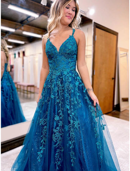 Ball Gown A-Line Prom Dresses Sparkle & Shine Dress Formal Wedding Party Dress Floor Length Sleeveless V Neck Tulle Backless with Glitter Appliques