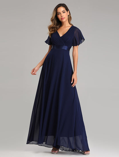 A-Line Prom Dresses Empire Dress Wedding Guest Floor Length Short Sleeve V Neck Chiffon with Pleats