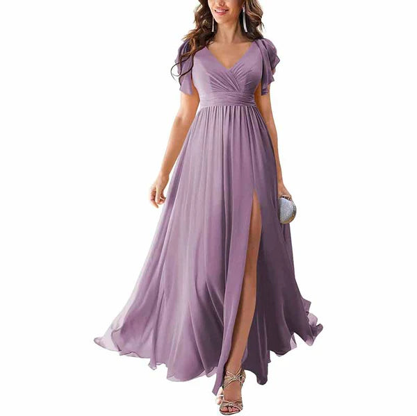 Chiffon Bridesmaid Dress V Neck Formal Dres Wedding Guest Dress With Slipt