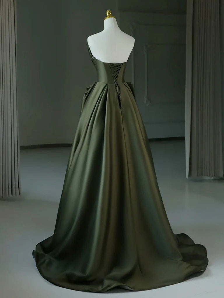 A-Line V Neck Satin Green Long Prom Dress Court Train Dresses