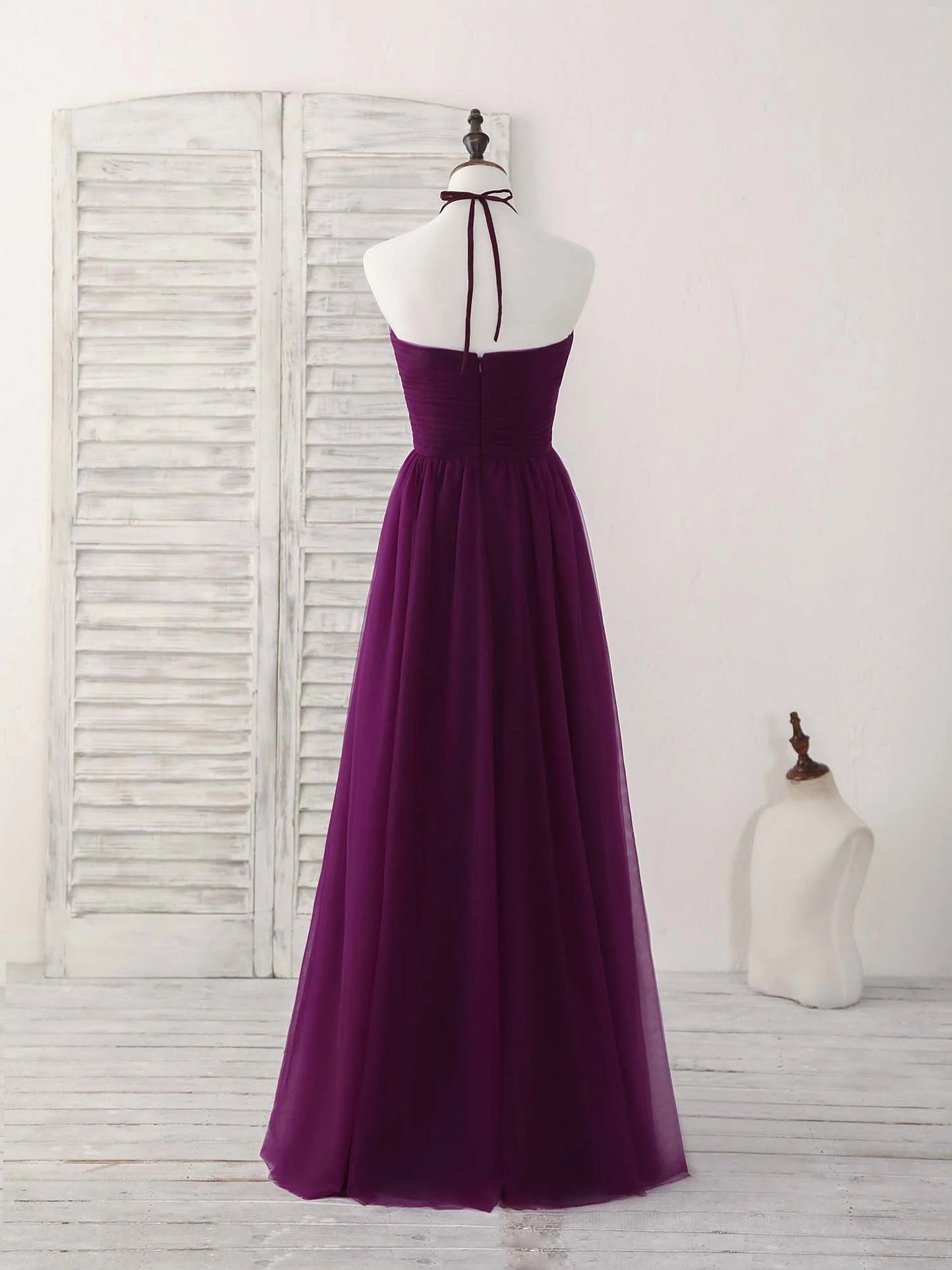 Simple Tulle A-Line Purple Long Prom Dress Halterneck Floor-length Bridesmaid Dress