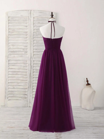 Simple Tulle A-Line Purple Long Prom Dress Halterneck Floor-length Bridesmaid Dress