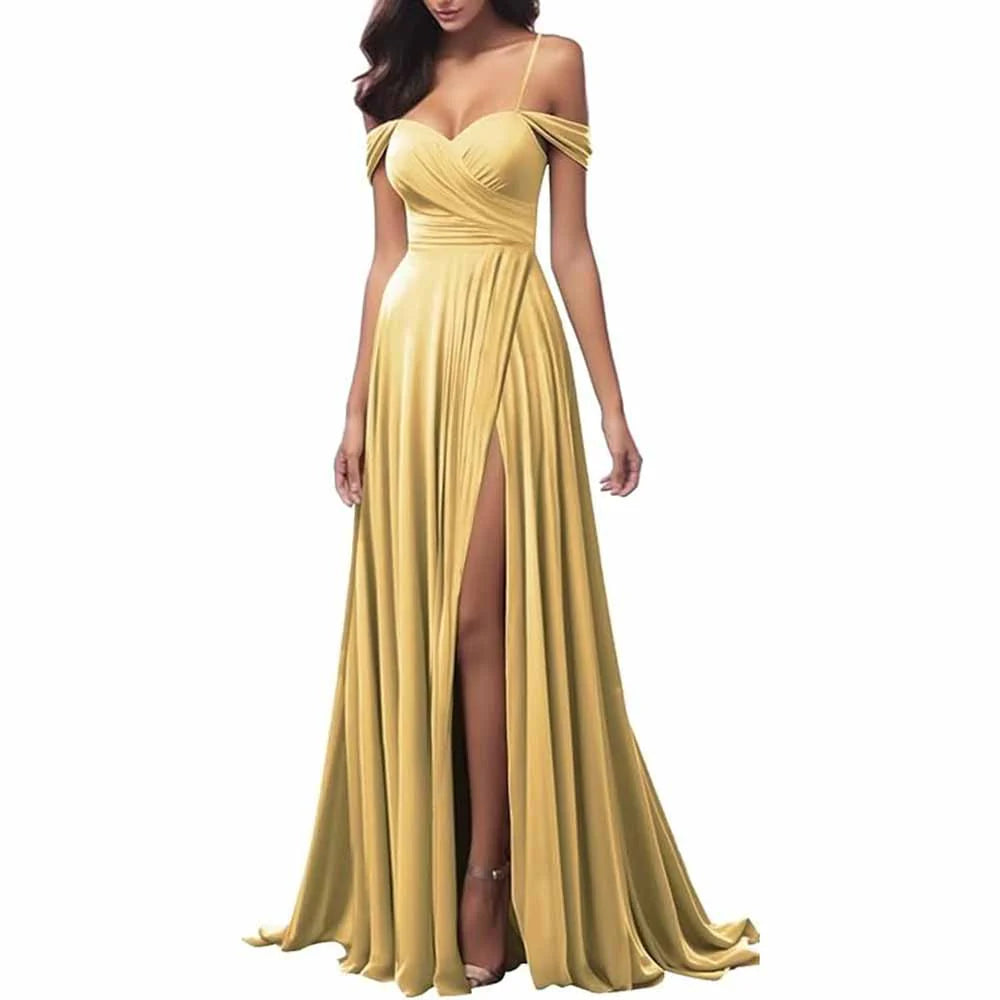 Off The Shoulder Bridesmaid Dresses Satin Spaghetti Straps Evening Gown