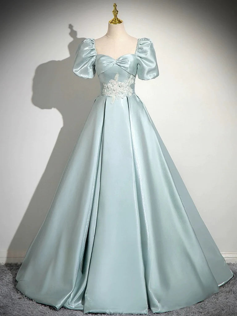 A-Line Sweetheart Neck Puff Sleeves Satin Quinceanera Dress Blue Long Prom Dress