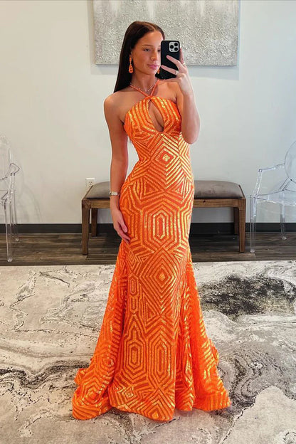 Mermaid Halter Keyhole Orange Sequins Long Prom Dresses