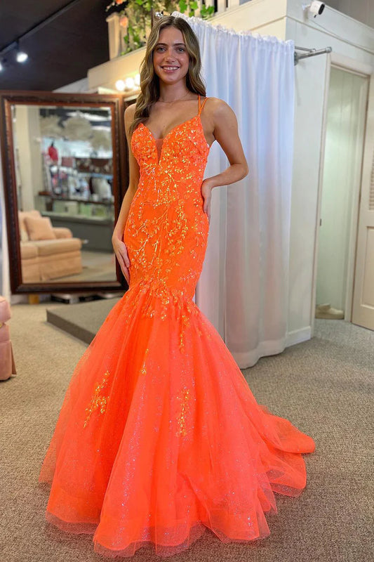 Orange V Neck Tulle Mermaid Long Prom Dresses with Appliques