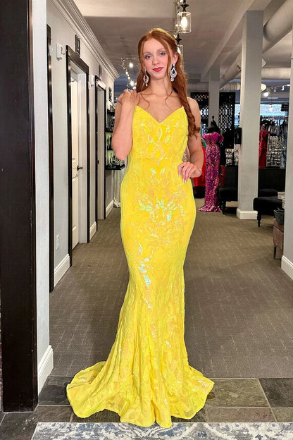 Mermaid V Neck Yellow Sequins Lace Backless Long Prom Dresses