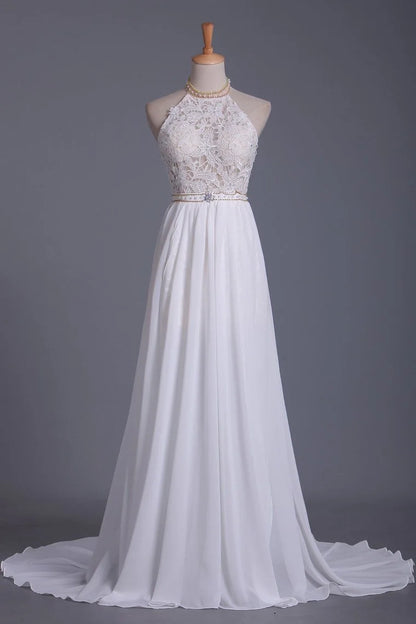 Halter Backless Chiffon Long Wedding Gown With Ruffles Pearl Lace