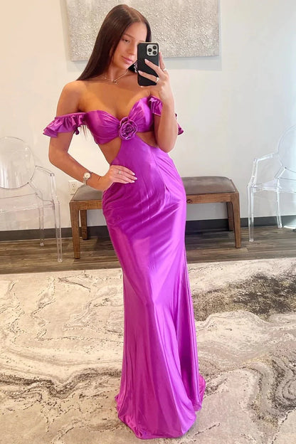 Violet Flutter Sleeve Cutout Mermaid Fitted Prom Dresses