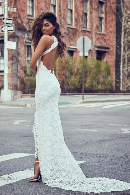 Sexy Mermaid Jewel Lace Backless Beach Wedding Dresses With Court Train