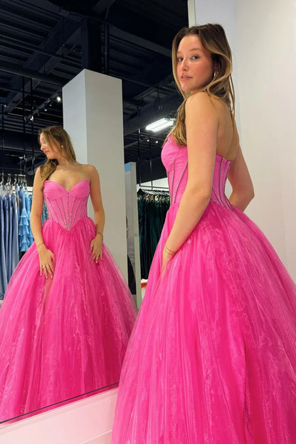 Pink Strapless Organza A-Line Long Prom Dresses with Beading