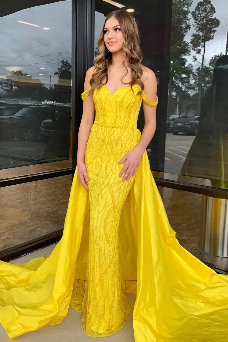 Yellow Off the Shoulder Sequin Long Prom Dresses with Detachable Train