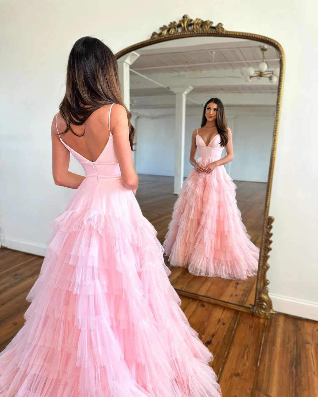 Cute A Line V Neck Sweetheart Pink Tulle Long Prom Dresses