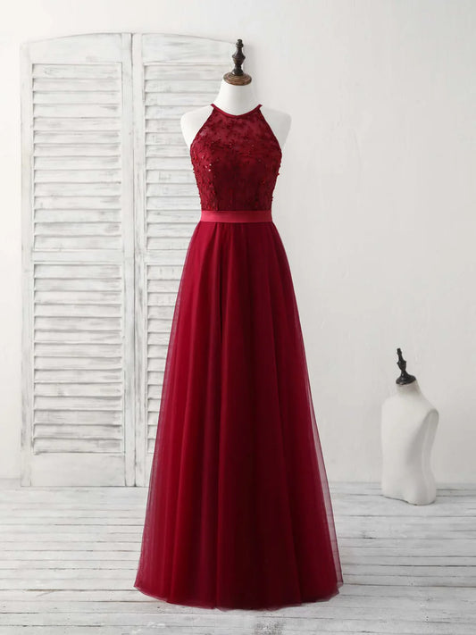 Burgundy Tulle Lace Long Prom Dress Halterneck Bridesmaid Dress