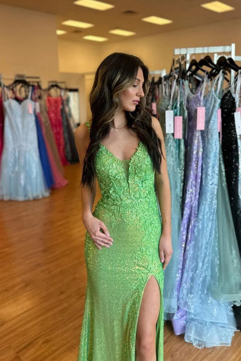 Cute Mermaid V Neck Green Sequin Mermaid Long Prom Dresses with Appliques