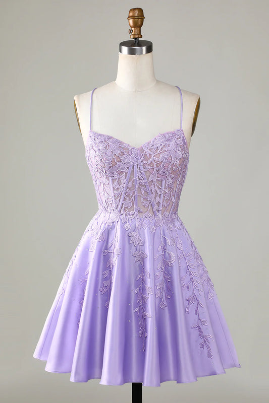 A-Line Purple Corset Satin Homecoming Dress With Lace