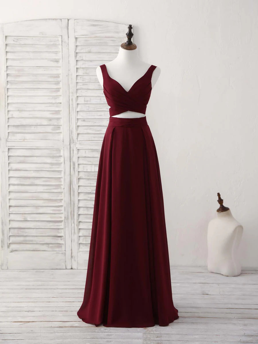 Burgundy Two Pieces Chiffon Long Prom Dress Bridesmaid Dress