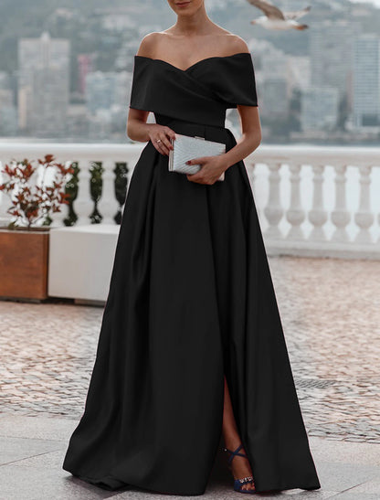 A-Line Evening Gown Party Dress Celebrity Style Dress Formal Wedding Guest Floor Length Sleeveless Off Shoulder Dress Satin with Ruched Slit