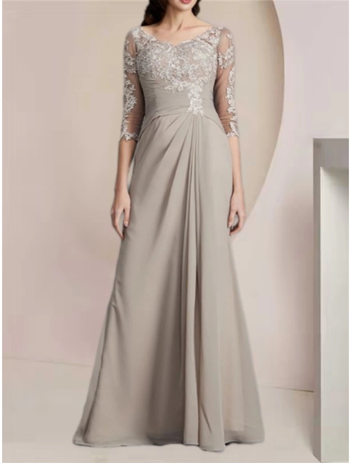 A-Line Mother of the Bride Dress Wedding Guest Elegant Scoop Neck Floor Length Chiffon Half Sleeve with Lace Ruching Solid Color
