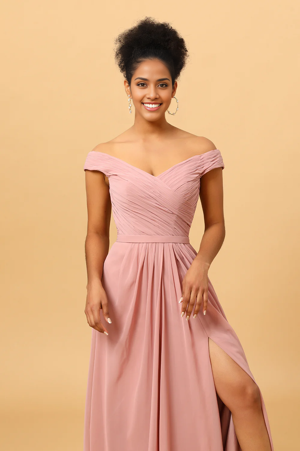Chiffon Bridesmaid Gown with Slit and Cap Sleeves Pearl Pink