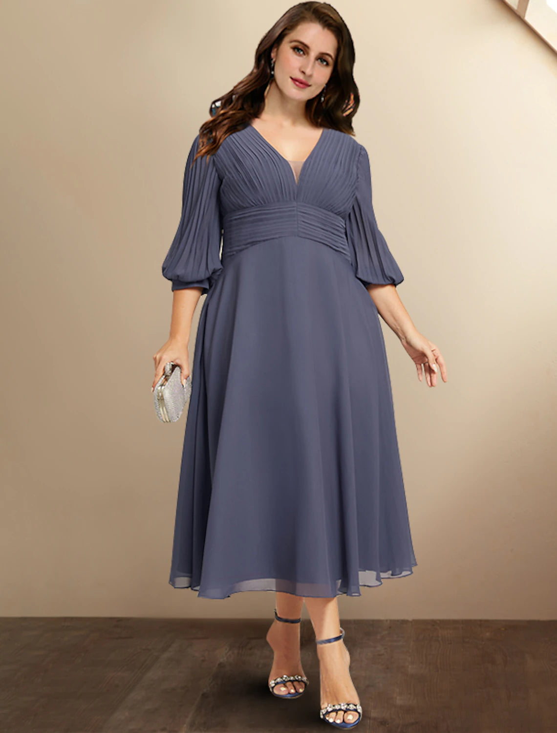 A-Line Mother of the Bride Dresses Plus Size Hide Belly Curve Elegant Dress Formal Tea Length Half Sleeve V Neck Chiffon with Pleats Ruched Fall