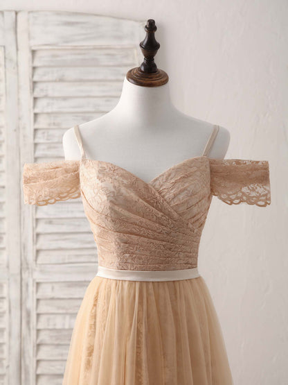 Champagne Tulle Lace Bridesmaid Dress Off Shoulder Floor-length Prom Dresses