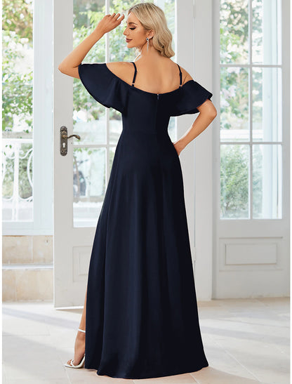 A-Line Wedding Guest Dresses Elegant Dress Formal Floor Length Short Sleeve Off Shoulder Stretch Fabric with Slit Pure Color