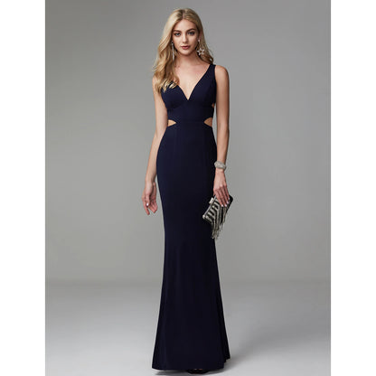 Mermaid / Trumpet Cut Out Beautiful Back Elegant Prom Formal Evening Dress V Neck Sleeveless Floor Length Spandex with Pleats