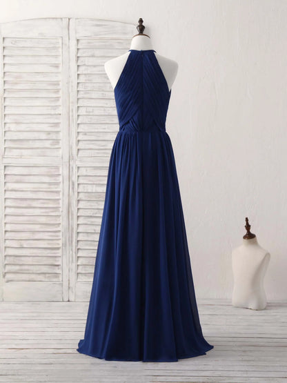 Simple Dark Blue Chiffon A-Line Long Prom Dress Halterneck Evening Dress