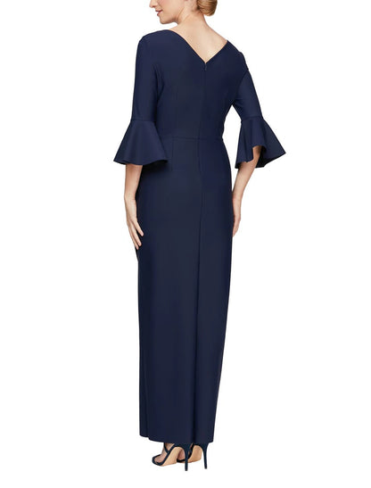 Sheath / Column Mother of the Bride Dress Formal Wedding Guest Party Elegant Scoop Neck Ankle Length Taffeta 3/4 Length Sleeve with Split Front Crystal Brooch Ruching
