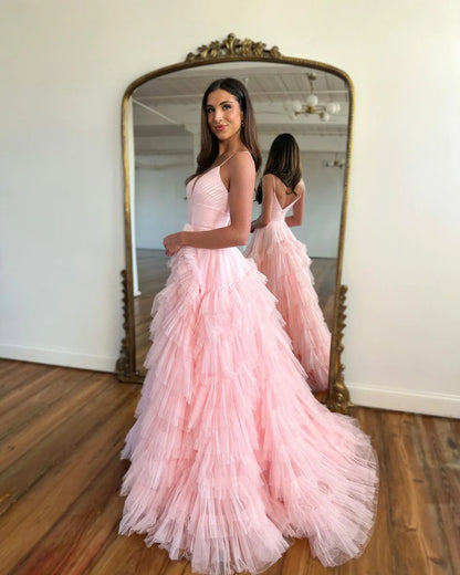 Cute A Line V Neck Sweetheart Pink Tulle Long Prom Dresses