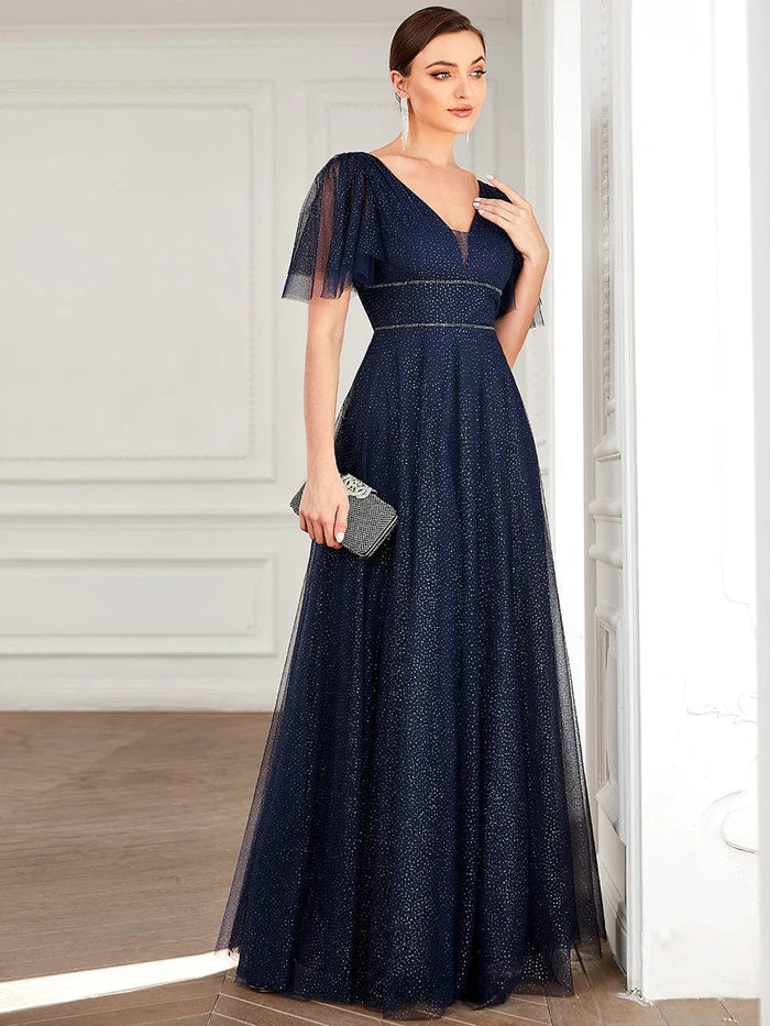 Romantic V Neck Tulle Evening Dress with Ruffle Sleeves