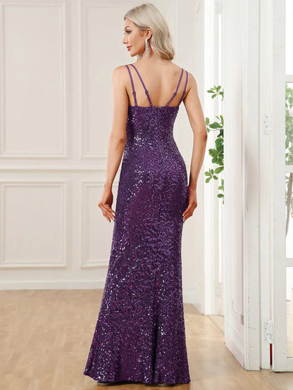 Double Spaghetti Strap Sequin Bodycon Formal Evening Dress