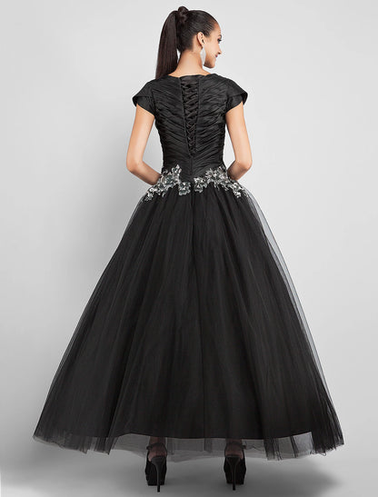 Ball Gown Little Black Dress Dress Prom Formal Evening Ankle Length Short Sleeve Jewel Neck Taffeta with Appliques Side Draping