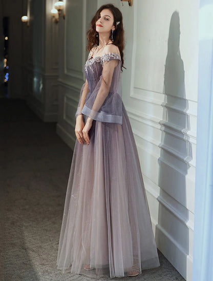 A-Line Minimalist Elegant Party Wear Prom Dress Off Shoulder Long Sleeve Floor Length Tulle with Appliques
