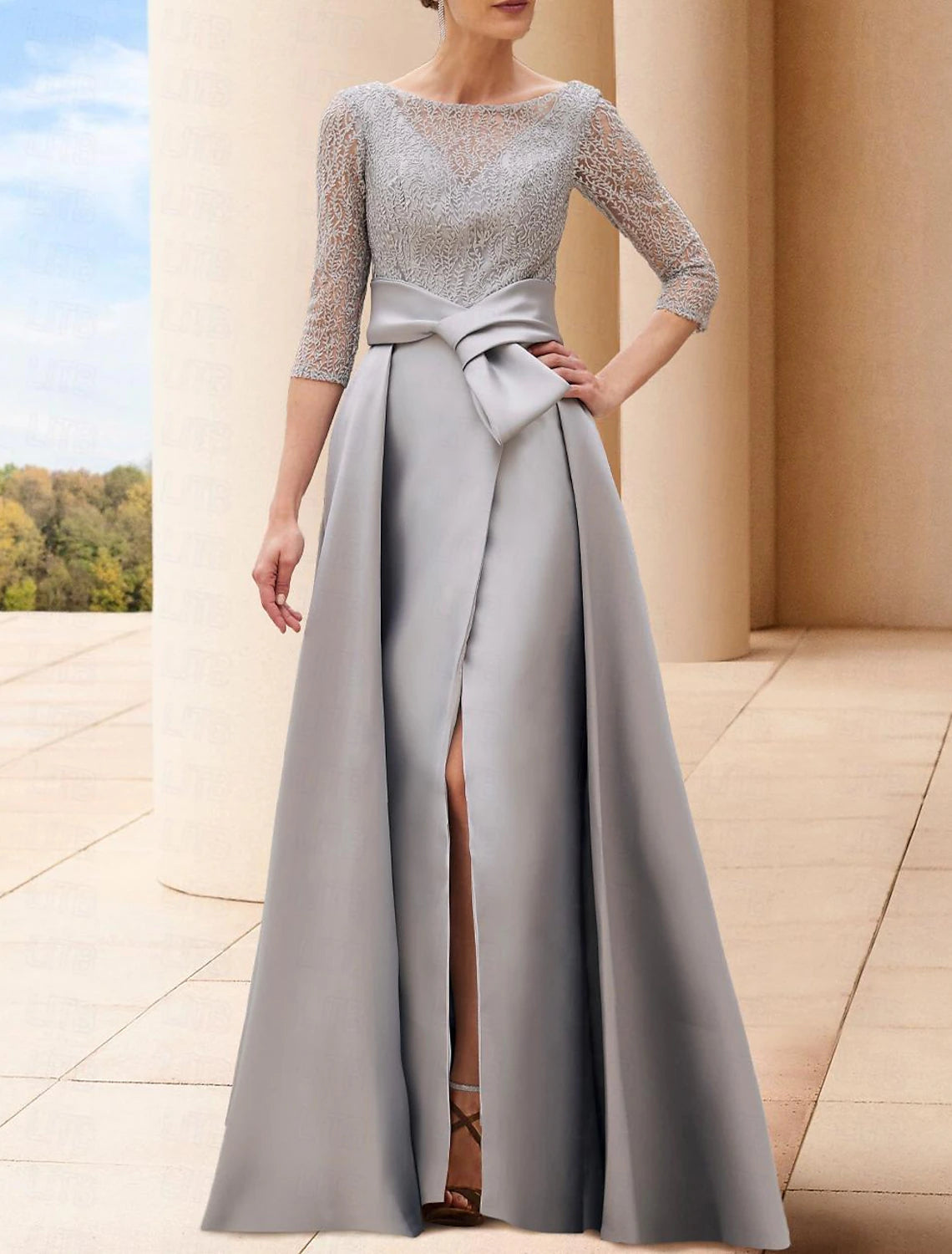 A-Line Mother of the Bride Dress Formal Wedding Guest Elegant Bateau Neck Floor Length Sequined Italy Satin 3/4 Length Sleeve with Bow(s) Pleats Crystals