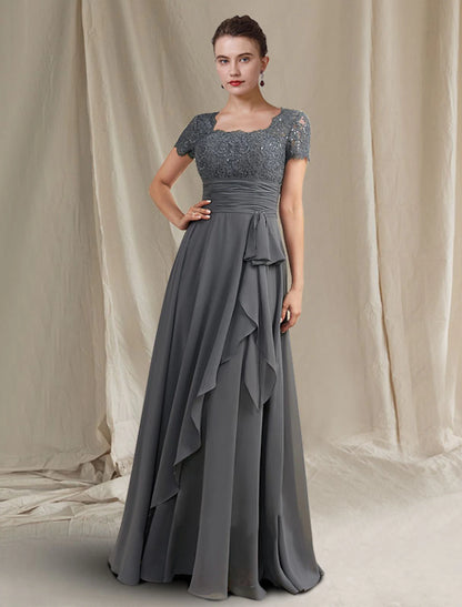 A-Line Mother of the Bride Dress Plus Size Elegant Square Neck Floor Length Chiffon Lace Short Sleeve with Pleats Sequin Appliques