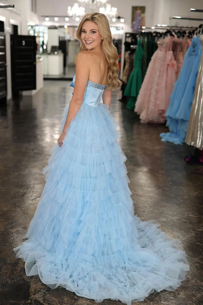 Light Blue Sweetheart Tiered Tulle Long Prom Dresses