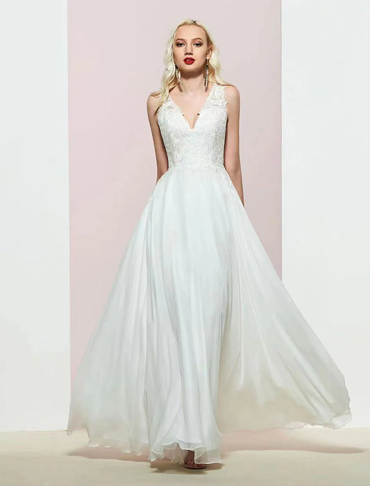A-Line Evening Gown Open Back Dress Wedding Party Birthday Floor Length Sleeveless V Neck Chiffon with Appliques