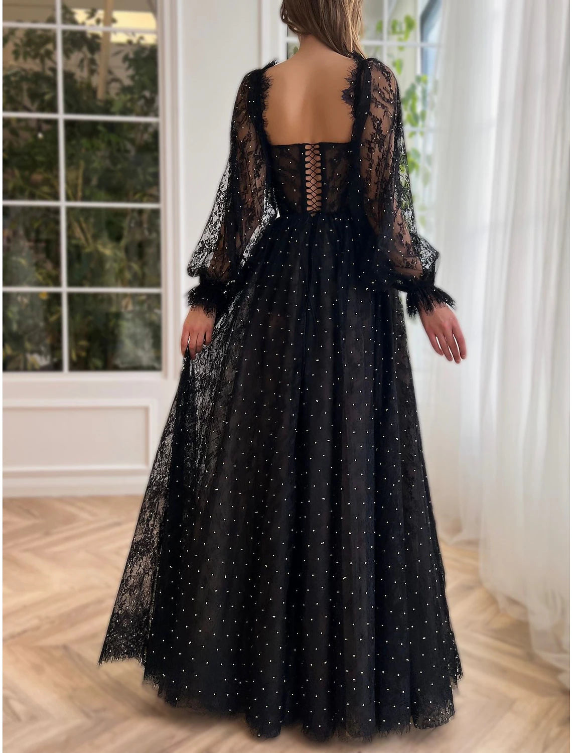 A-Line Prom Black Dress Vintage Dress Masquerade Floor Length Long Sleeve Strapless Wednesday Addams Family Lace Crisscross Back with Embroidery