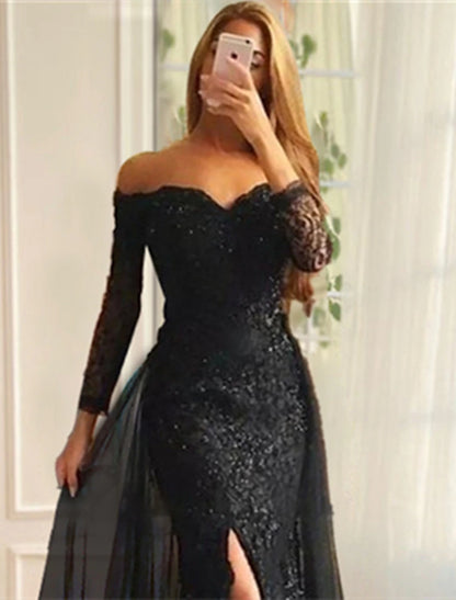 Mermaid / Trumpet Evening Gown Floral Dress Formal Wedding Sweep / Brush Train Long Sleeve Off Shoulder Fall Wedding Reception Chiffon with Slit Appliques