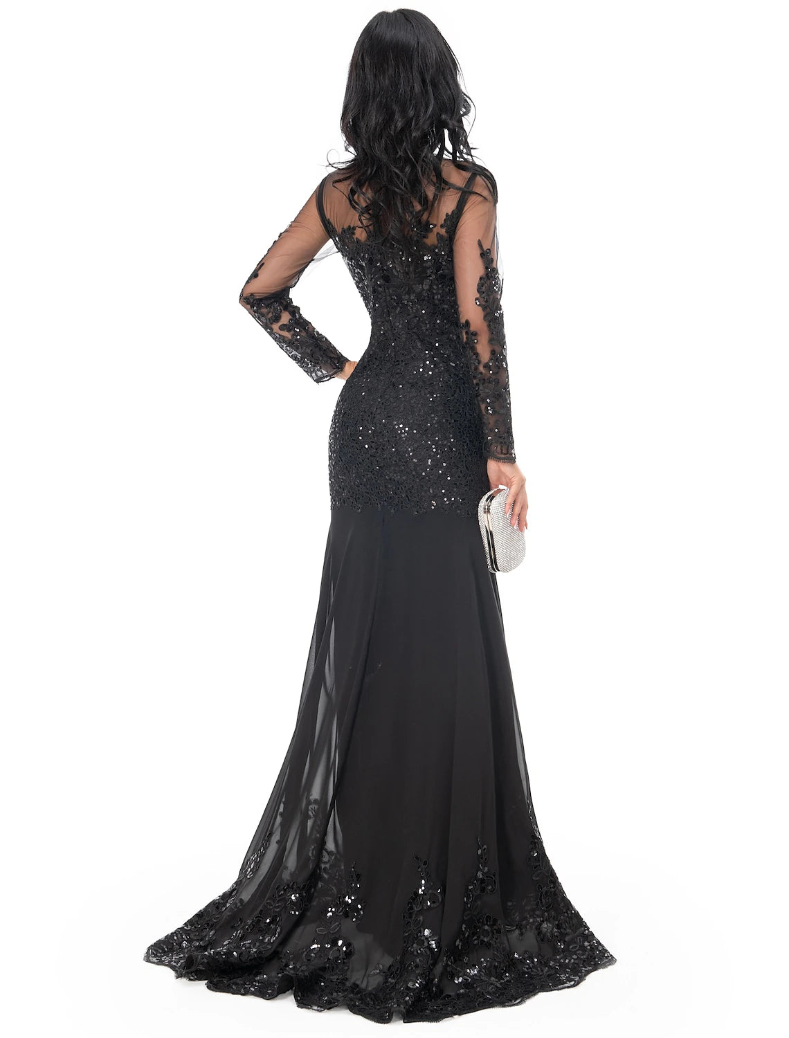 Mermaid Black Dress Evening Gown Sequin Prom Dress Sparkle Formal Gown Sweep / Brush Train Long Sleeve Illusion Neck Lace with Appliques