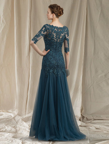 A-Line Mother of the Bride Dress Elegant V Neck Sweep / Brush Train Lace Tulle Half Sleeve No with Ruffles Appliques