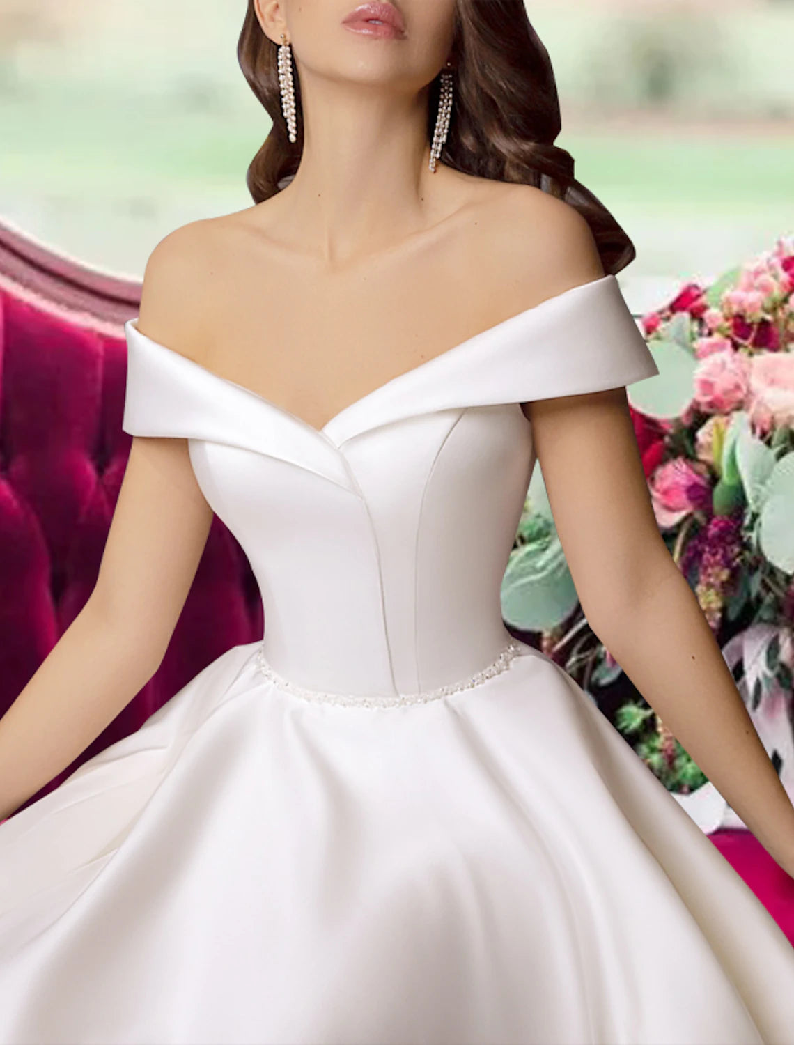 Reception Little White Dresses Wedding Dresses A-Line Off Shoulder Cap Sleeve Tea Length Satin Bridal Gowns With Sashes / Ribbons