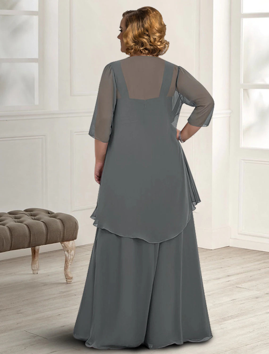 Two Piece A-Line Mother of the Bride Dress Fall Wedding Guest Dresses Plus Size Elegant Square Neck Floor Length Chiffon Sleeveless Jacket Dresses with Pleats