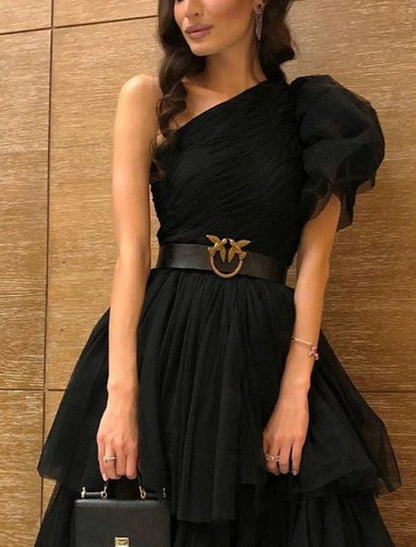 A-Line Evening Dress Black Dress Plus Size Tiered Plisse Dress Masquerade Prom Floor Length Sleeveless One Shoulder Gothic Tulle with Slit