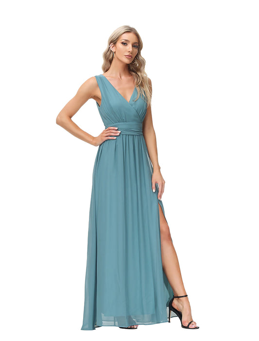 A-Line Evening Gown Empire Dress Party Wear Wedding Guest Floor Length Sleeveless V Neck Bridesmaid Dress Chiffon V Back with Slit